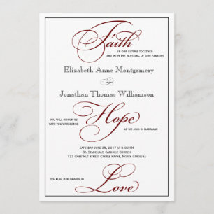 Deep Red Faith Hope Love Script Wedding Invitation