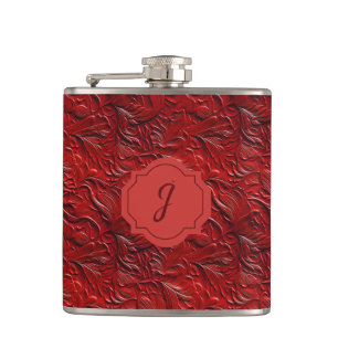 Deep Red Faux Tooled Leather Vinyl  Hip Flask
