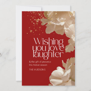 Deep Red Festive Season Gold Floral  Holiday Card