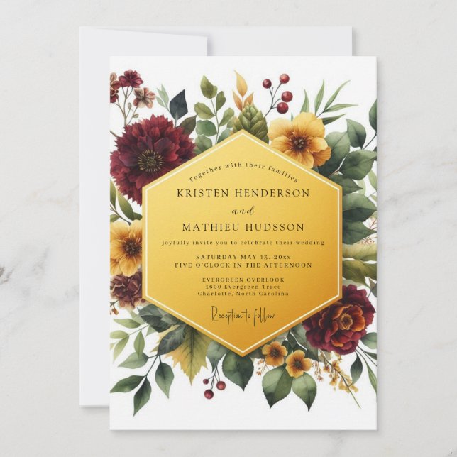 Deep Red Floral Autumn Romance Wedding Invitation (Front)