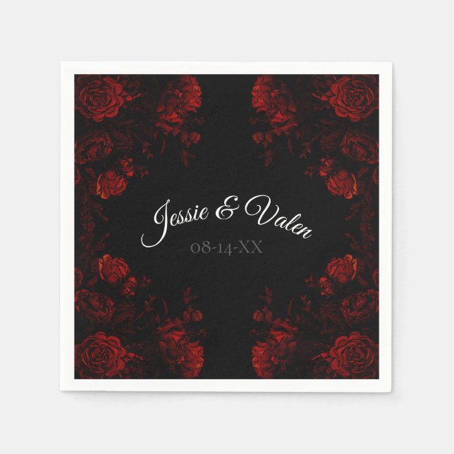 Deep Red Floral Elegant Gothic Wedding Napkin (Front)