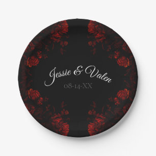 Deep Red Floral Elegant Gothic Wedding Paper Plate