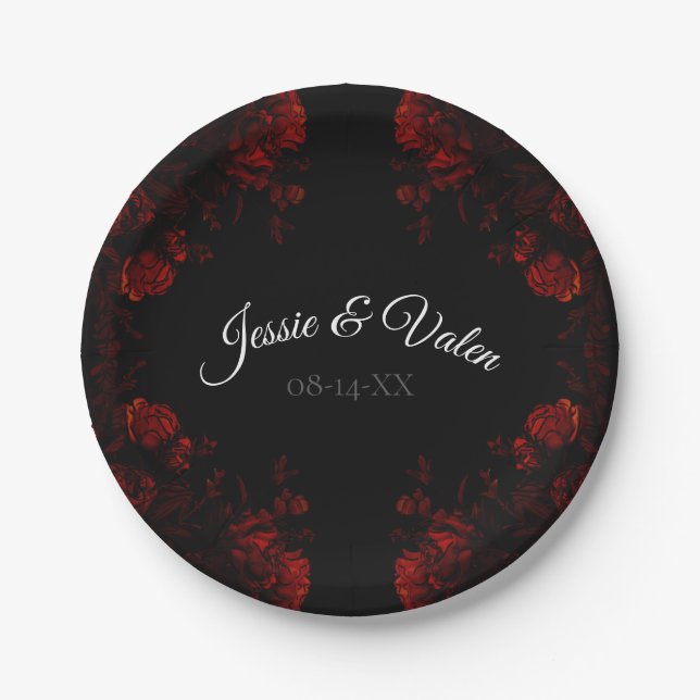 Deep Red Floral Elegant Gothic Wedding Paper Plate (Front)