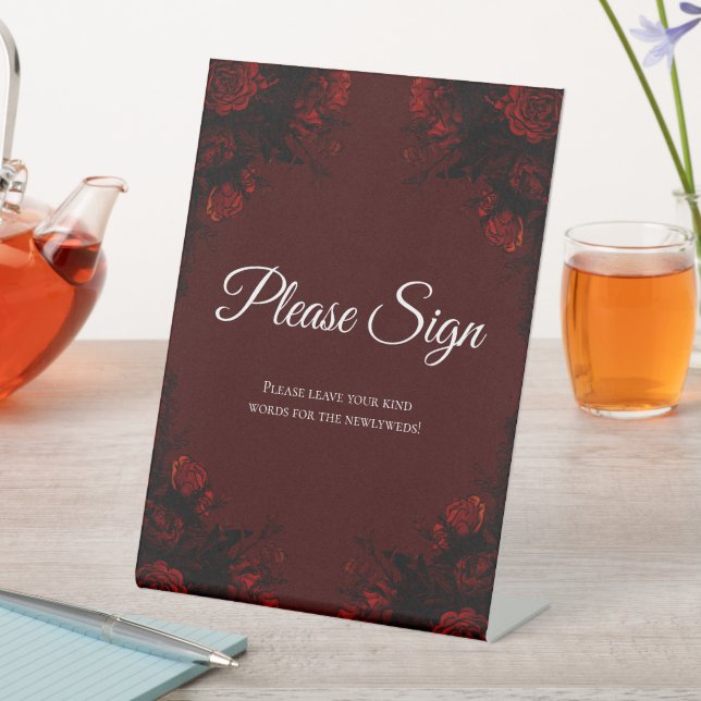 Deep Red Floral Elegant Gothic Wedding Pedestal Sign (In SItu)
