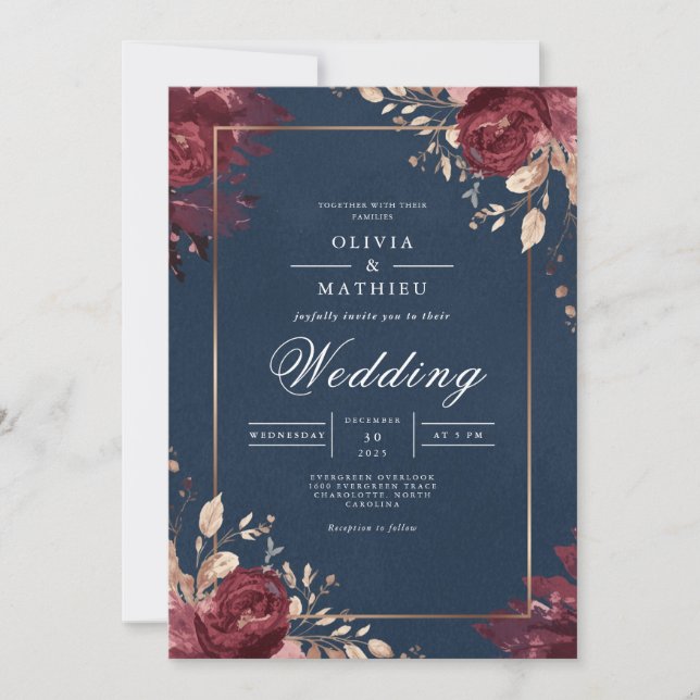 Deep Red Floral Navy Border Wedding Invitation (Front)