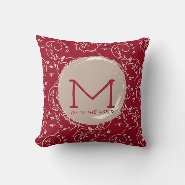Deep Red Floral Scroll Monogram Accent Throw Pillow (Front)
