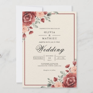 Deep Red Floral Whimsy Wedding Invitation