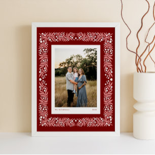 Deep Red Folk Art Floral Frame with Custom Text Poster