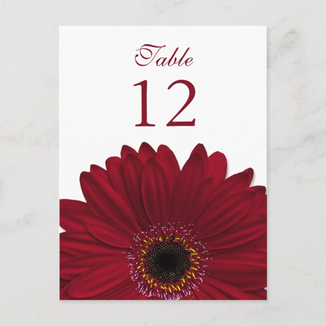Deep Red Gerbera Daisy Table Number Card Flat (Front)
