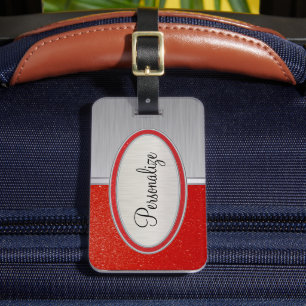 Deep Red Glitter and Brush Steel Print Luggage Tag