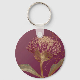 Deep Red Gold Botanical Flower Linework Keychain