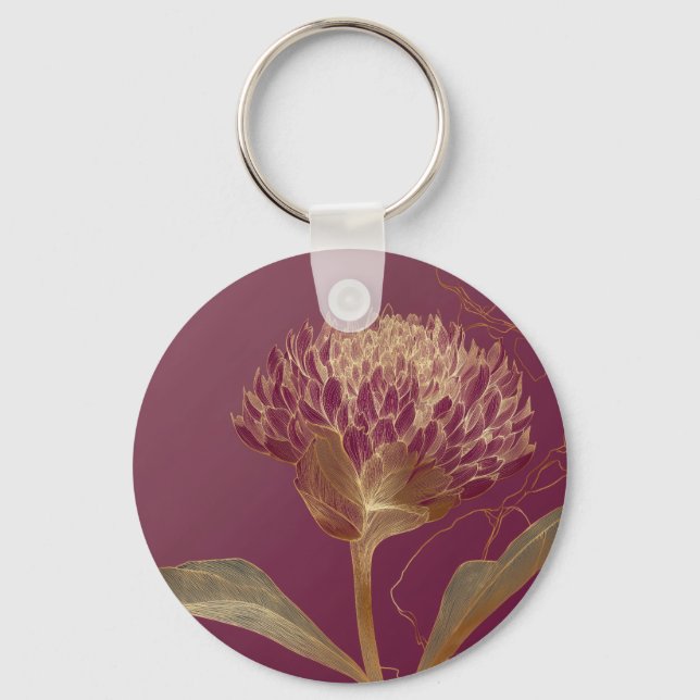 Deep Red Gold Botanical Flower Linework Keychain (Front)