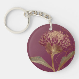 Deep Red Gold Botanical Flower Linework Keychain