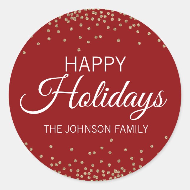 Deep RED Gold Glitter Confetti Happy HOLIDAYS Classic Round Sticker (Front)