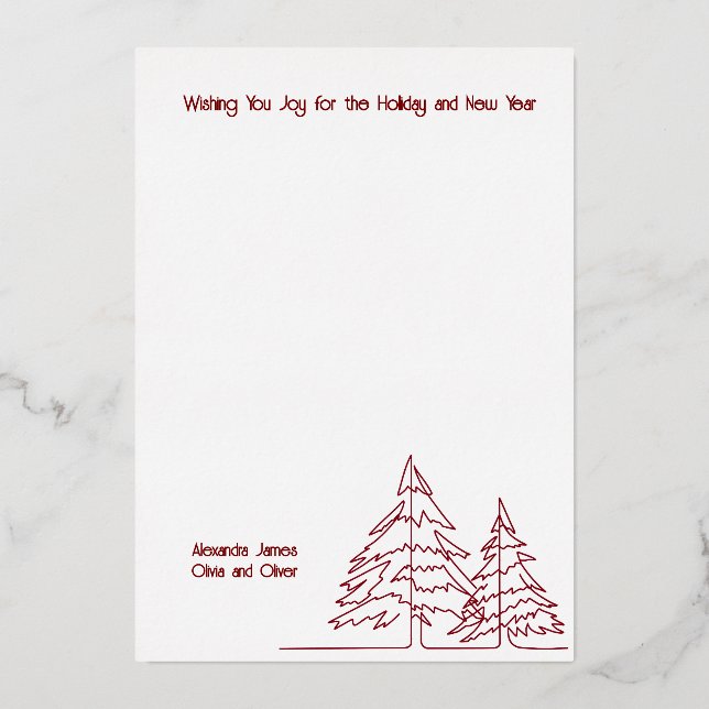 Deep Red & Gold Graphic Christmas Tree Minimal   Foil Holiday Card (Back)