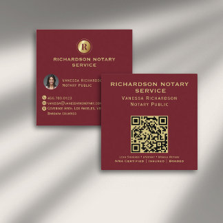 Deep Red Gold Monogram Elegant Notary QR Photo Square Business Card