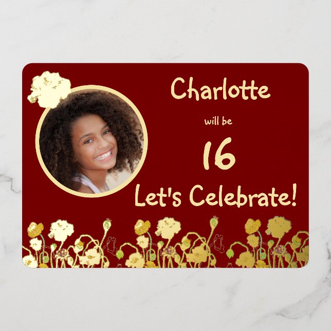 Deep Red & Gold Wild Poppy 16th Birthday (Front)