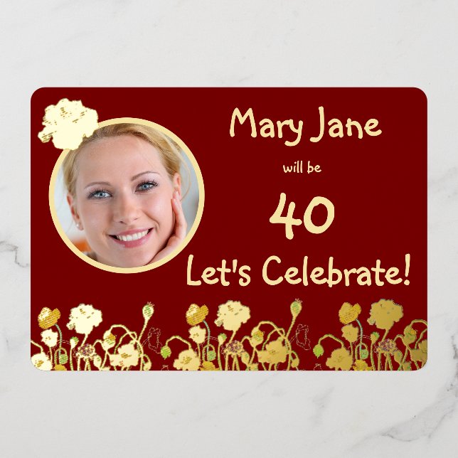 Deep Red & Gold Wild Poppy 40th Birthday (Front)