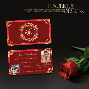 Deep Red Golden Ornate Monogram Photo QR Code Business Card