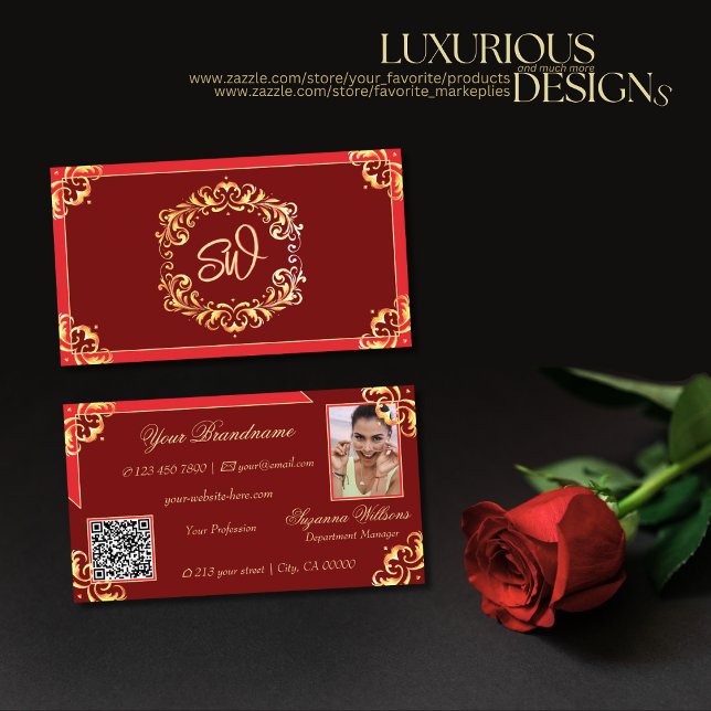Deep Red Golden Ornate Monogram Photo QR Code Business Card (Creator Uploaded)