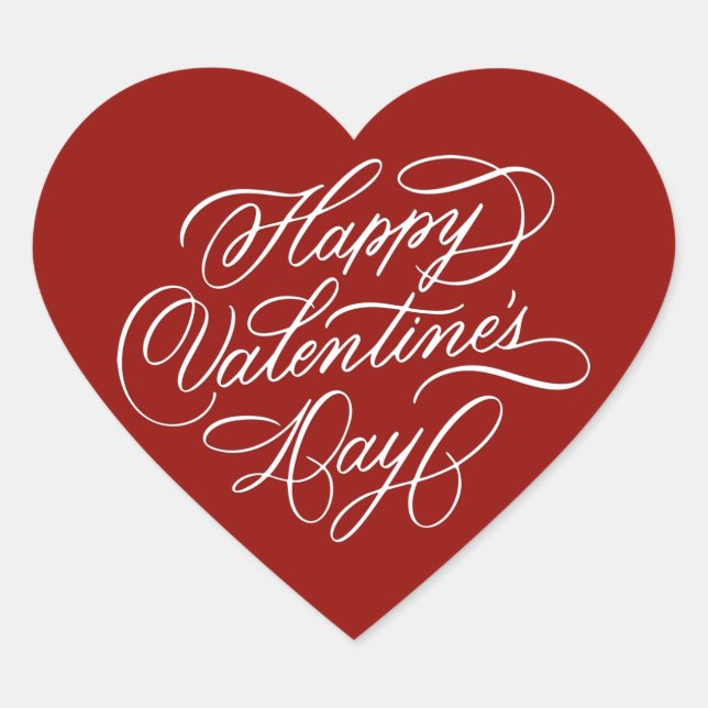 Deep Red Happy Valentines Day Calligraphy  Heart Sticker (Front)