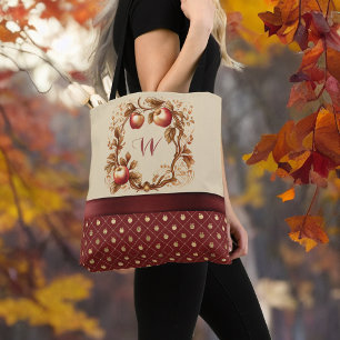 Deep Red How Bout Them Apples Autumn Monogram Tote Bag