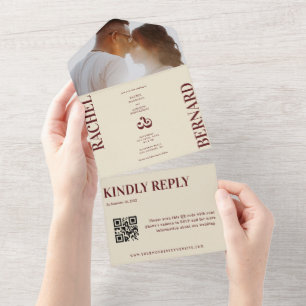 Deep Red & Ivory Typography QR Code Wedding   All In One Invitation