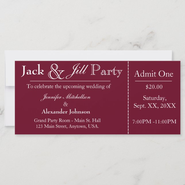 Deep Red Jack and Jill Shower Ticket Invitation (Front)