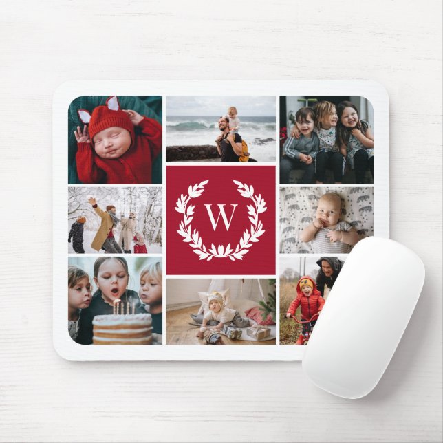 Deep Red Laurel Wreath Monogram Photo Collage Mouse Pad (With Mouse)