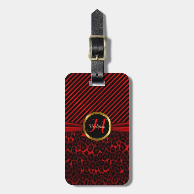 Deep Red Leopard Animal Pattern - Monogram Luggage Tag (Front Vertical)