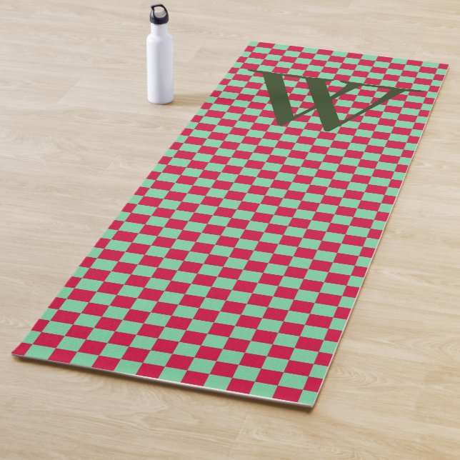 Deep Red & Light Green Chequerboard Monogrammed Yoga Mat (In Situ)
