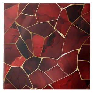 Deep Red Marble Mosaic with Gold Outlines Tile