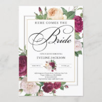 Deep red maroon burgundy floral gold bridal shower