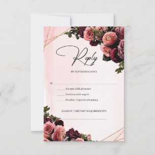 Deep red marsala mauve blush burgundy flowers RSVP card
