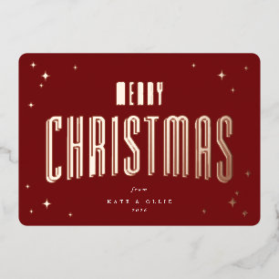 Deep Red Merry Christmas Retro Stars Flat Foil Holiday Card