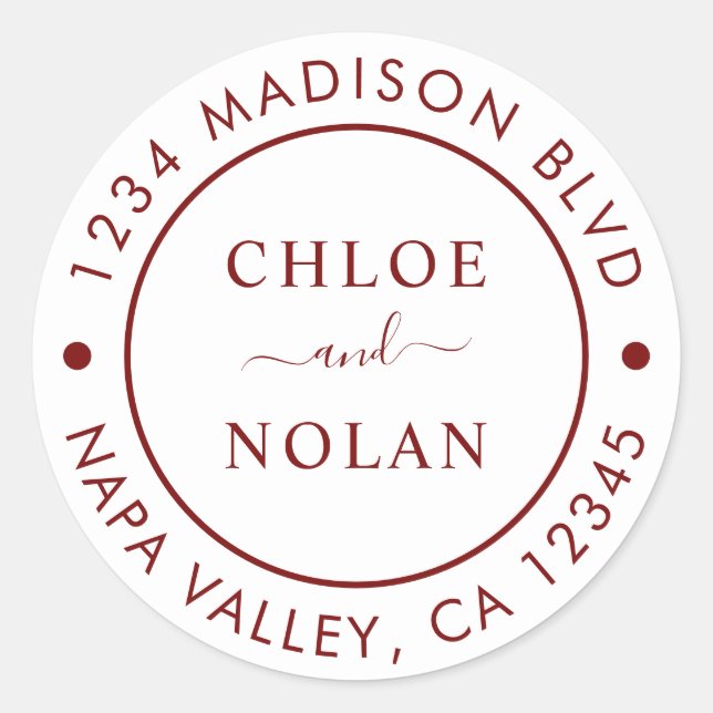 Deep Red Modern Script Return Address Classic Round Sticker (Front)