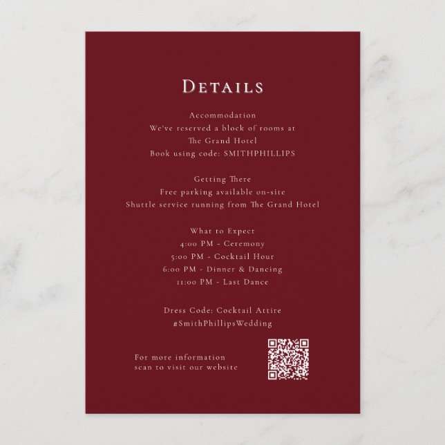 Deep Red Modern Wedding Details Enclosure Card (Front)