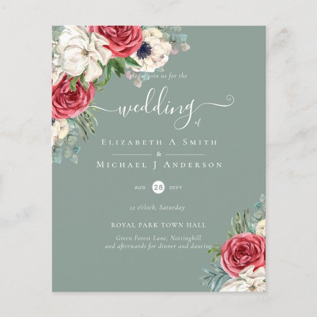 Deep Red Navy Floral Eucalyptus Greenery Wedding Flyer (Front)
