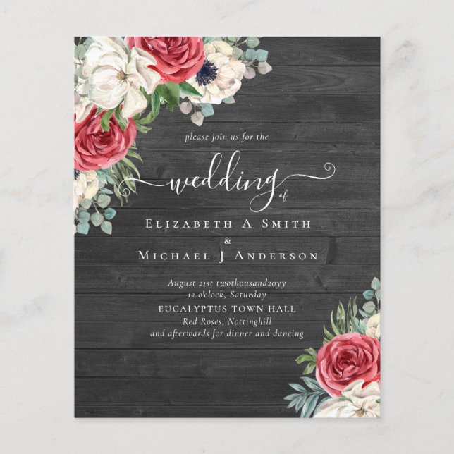Deep Red Navy Floral Eucalyptus Greenery Wedding Flyer (Front)