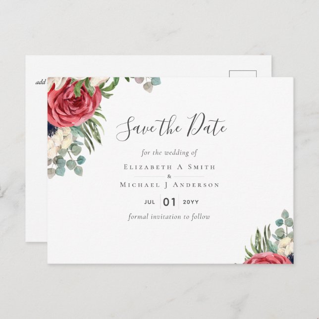 Deep Red Navy Floral Eucalyptus Greenery Wedding Postcard (Front/Back)