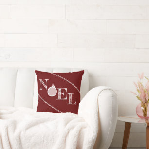 Deep Red Noel Typography Christmas Throw Pillow