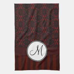 Deep Red on Black Damask and Stripes with Monogram Kitchen Towel