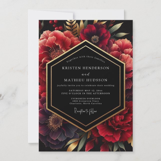 Deep Red Opulent Floral Wedding Invitation (Front)