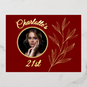 Deep Red Pale Yellow & Graphic Gold Leaf Birthday Foil Invitation Postcard