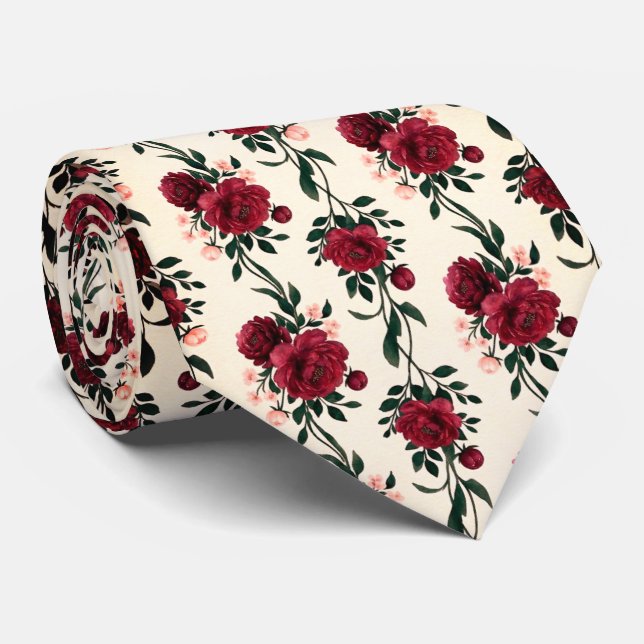 Deep Red Rose Floral Tie (Rolled)