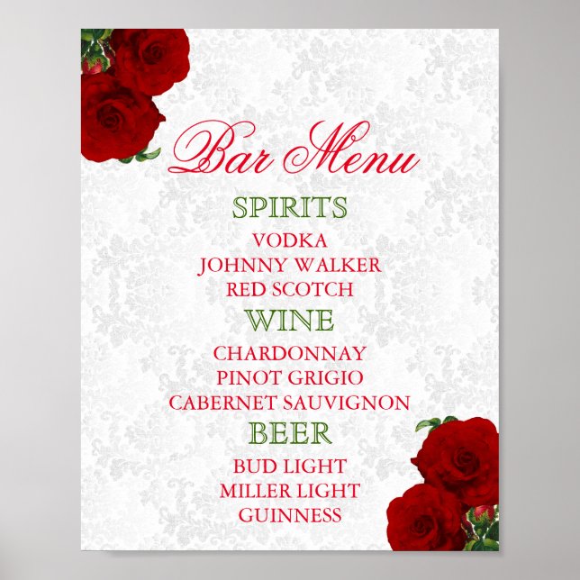 Deep Red Rose Floral Wedding - Bar Menu Poster (Front)