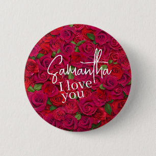 Deep Red Rose Pattern I Love You With Custom Name 2 Inch Round Button