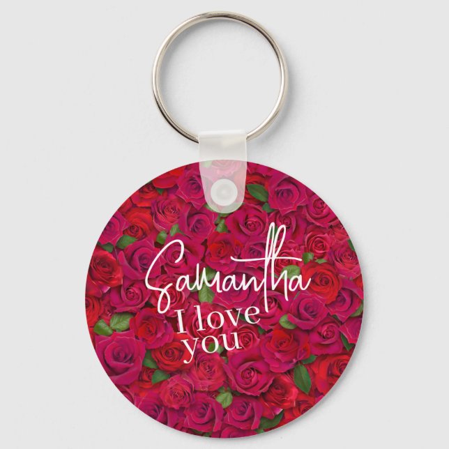 Deep Red Rose Pattern I Love You With Custom Name Keychain (Front)