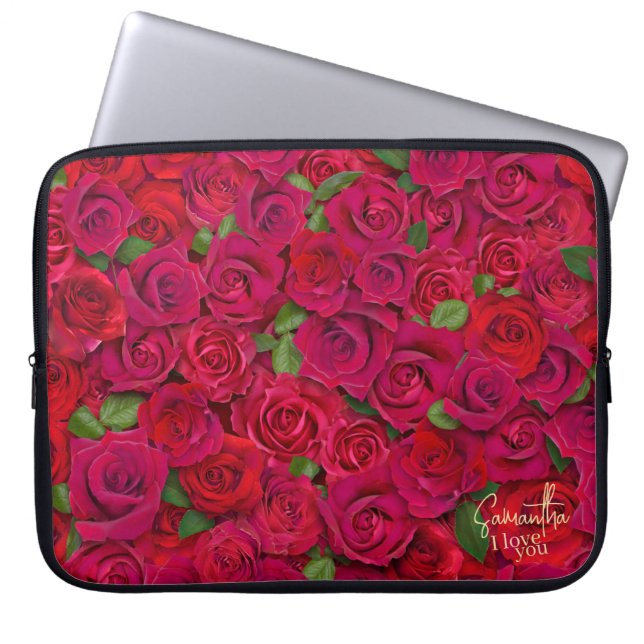 Deep Red Rose Pattern I Love You With Custom Name Laptop Sleeve (Front)