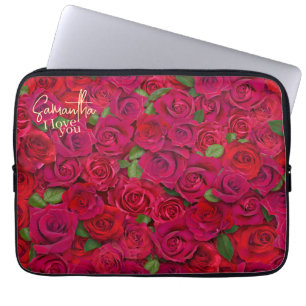 Deep Red Rose Pattern I Love You With Custom Name Laptop Sleeve